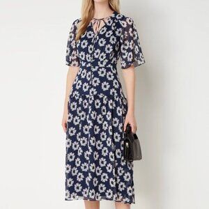 TED BAKER navy blue white Marllee Floral Print Chiffon Midi Dress